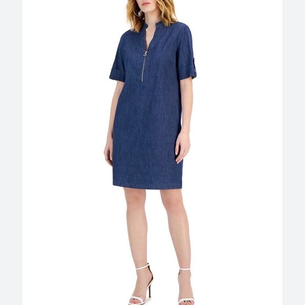 ANNE KLEIN | Womens Zipper Neck Tab-Cuff Shift Dress $99 NEW Size 6 Cotton Blue